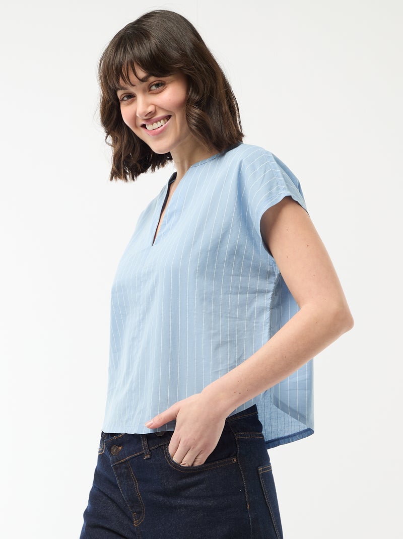 Blouse met korte mouwen en V-hals Blauw - Kiabi