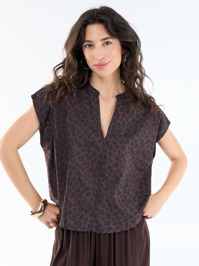 Blouse met korte mouwen en V-hals Bruin - Kiabi
