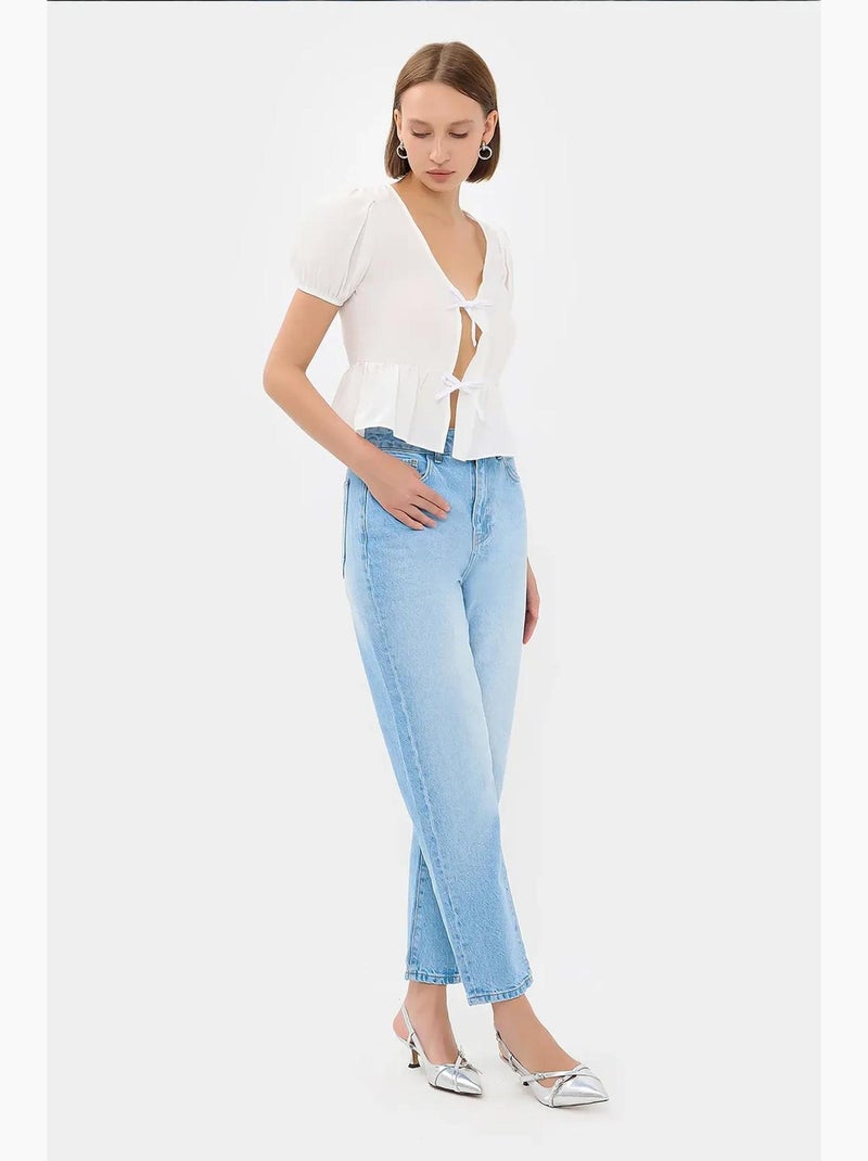 Blouse met korte mouwen en v-hals en strik aan de voorkant hiccup Wit - Kiabi