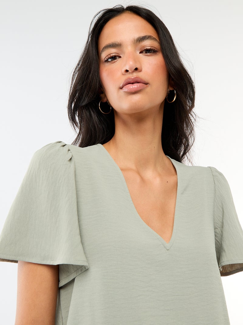 Blouse met korte mouwen en V-hals Groen - Kiabi