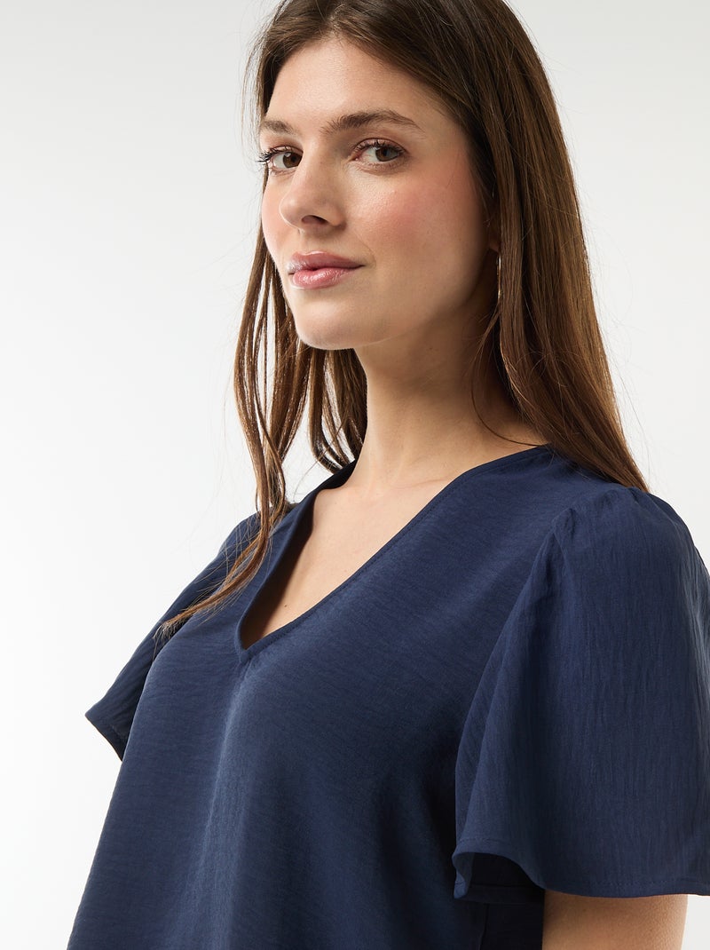 Blouse met korte mouwen en V-hals Marineblauw - Kiabi
