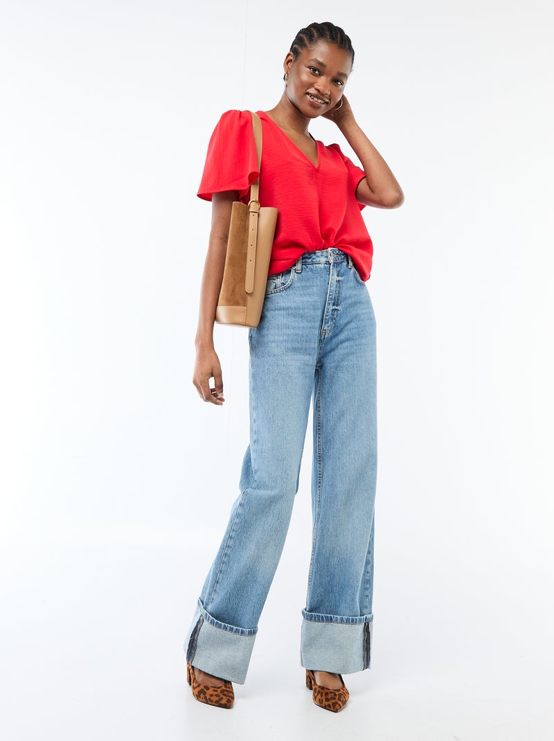 Blouse met korte mouwen en V-hals Rood - Kiabi