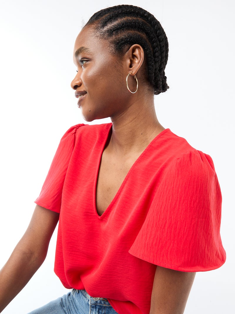 Blouse met korte mouwen en V-hals Rood - Kiabi
