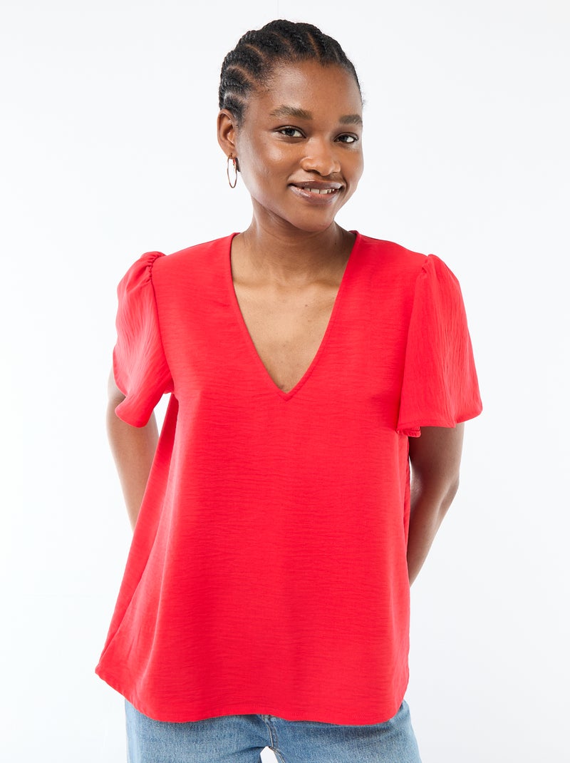Blouse met korte mouwen en V-hals Rood - Kiabi