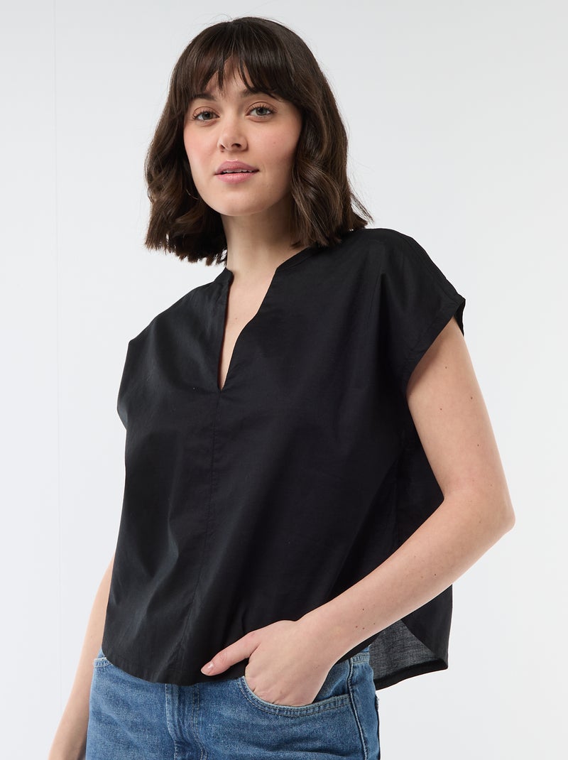 Blouse met korte mouwen en V-hals Zwart - Kiabi