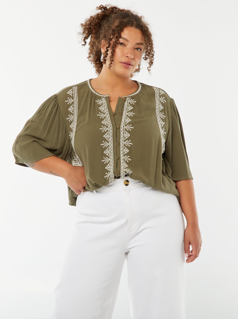 Blouse met korte mouwen met borduursel Kaki - Kiabi