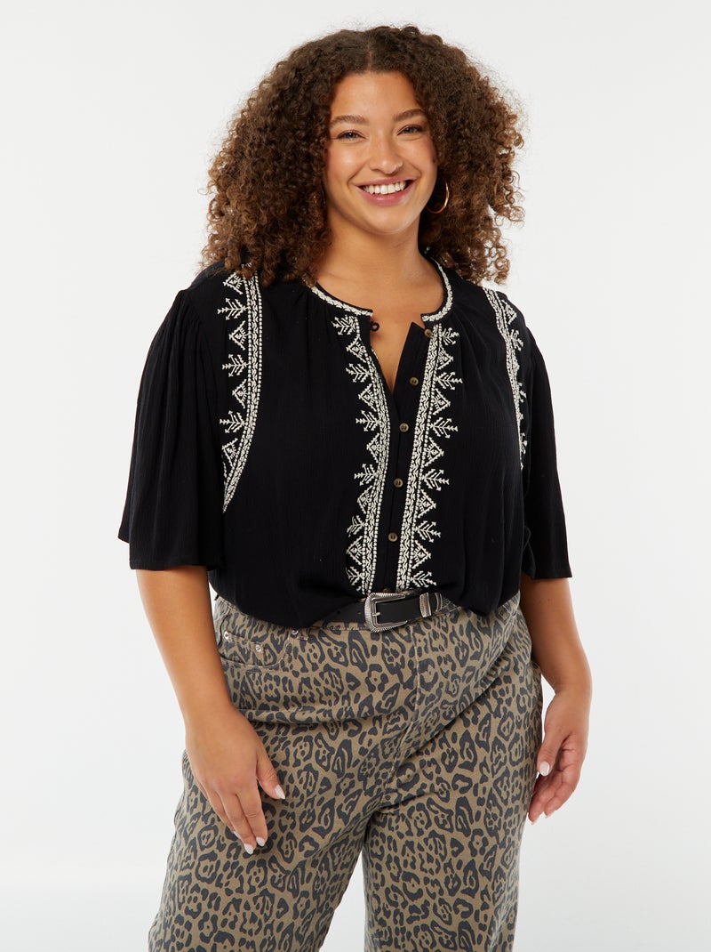 Blouse met korte mouwen met borduursel zwart - Kiabi