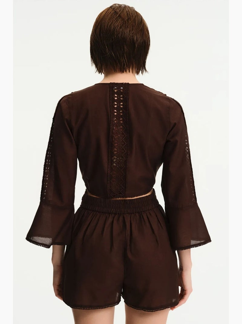 Blouse met korte mouwen penti Chocoladebruin - Kiabi