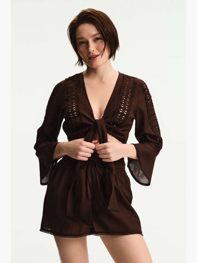 Blouse met korte mouwen penti Chocoladebruin - Kiabi