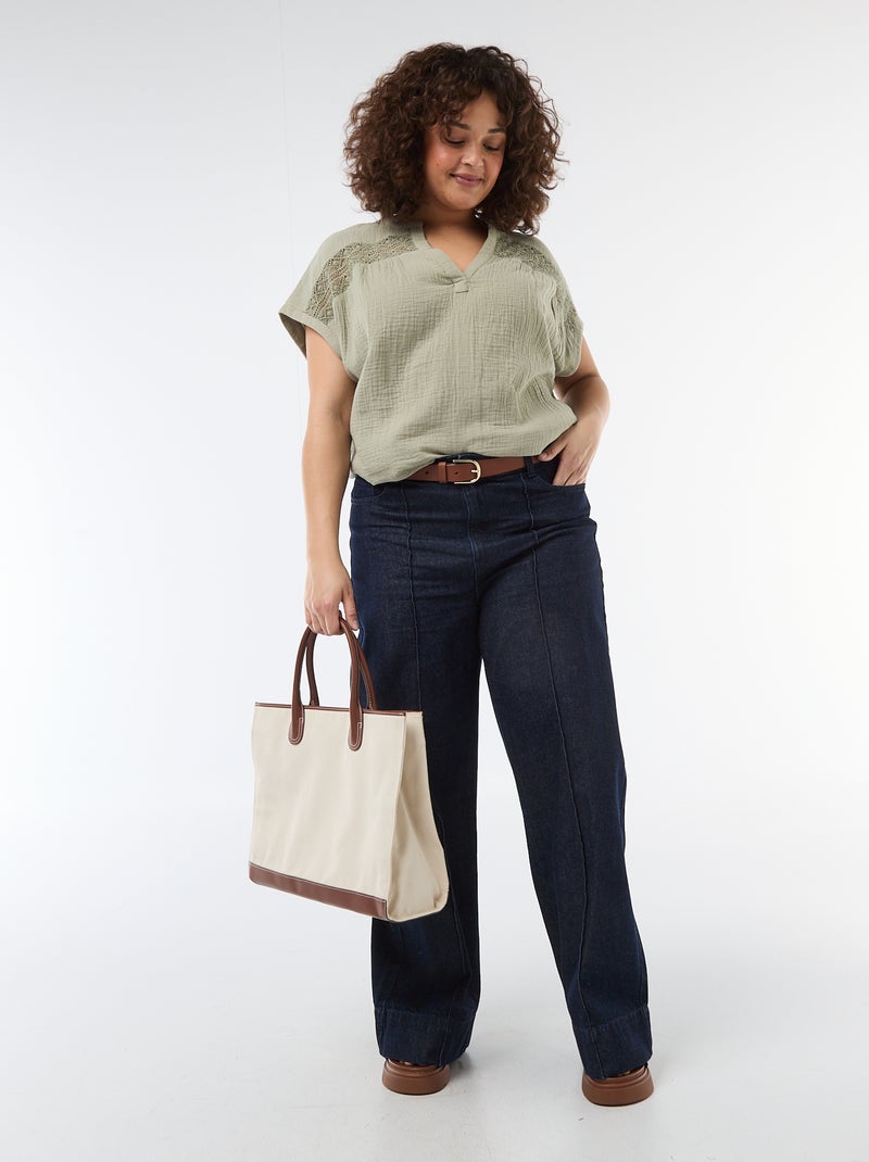 Blouse met korte mouwen van dubbel katoengaas Groen - Kiabi