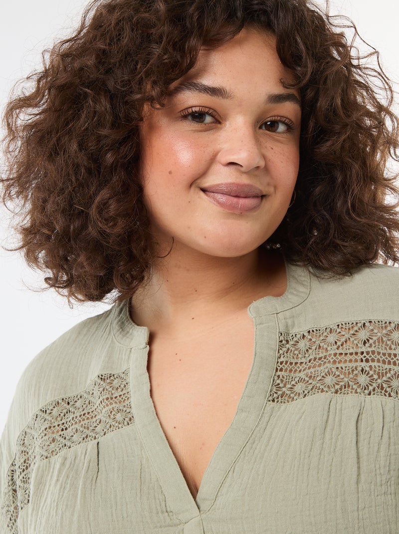 Blouse met korte mouwen van dubbel katoengaas Groen - Kiabi