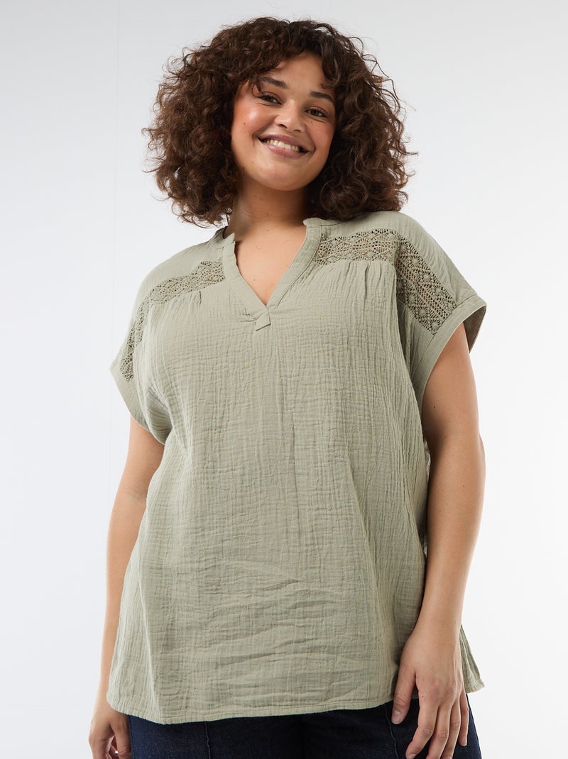 Blouse met korte mouwen van dubbel katoengaas Groen - Kiabi