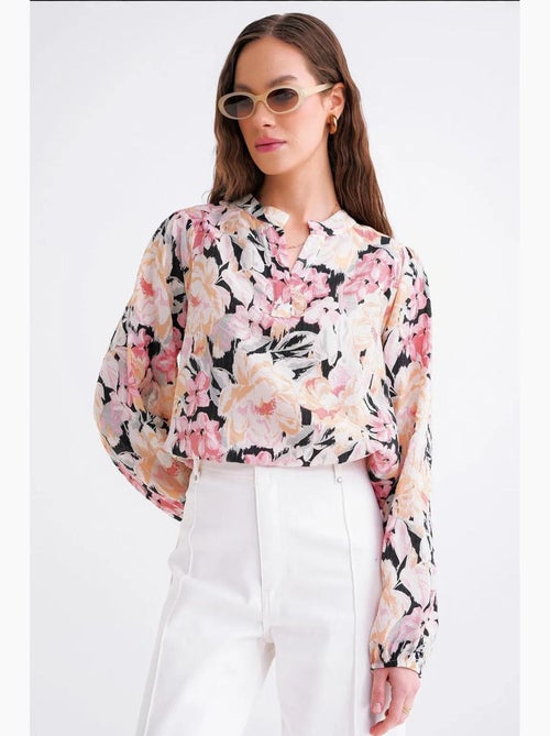 Blouse met lange mouwen en bloemenprint en opstaande kraag mixray - Kiabi