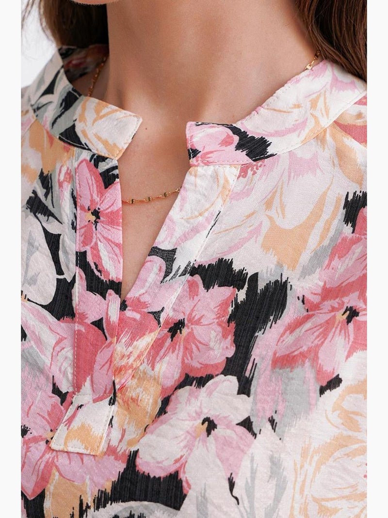 Blouse met lange mouwen en bloemenprint en opstaande kraag mixray Bleekroze - Kiabi