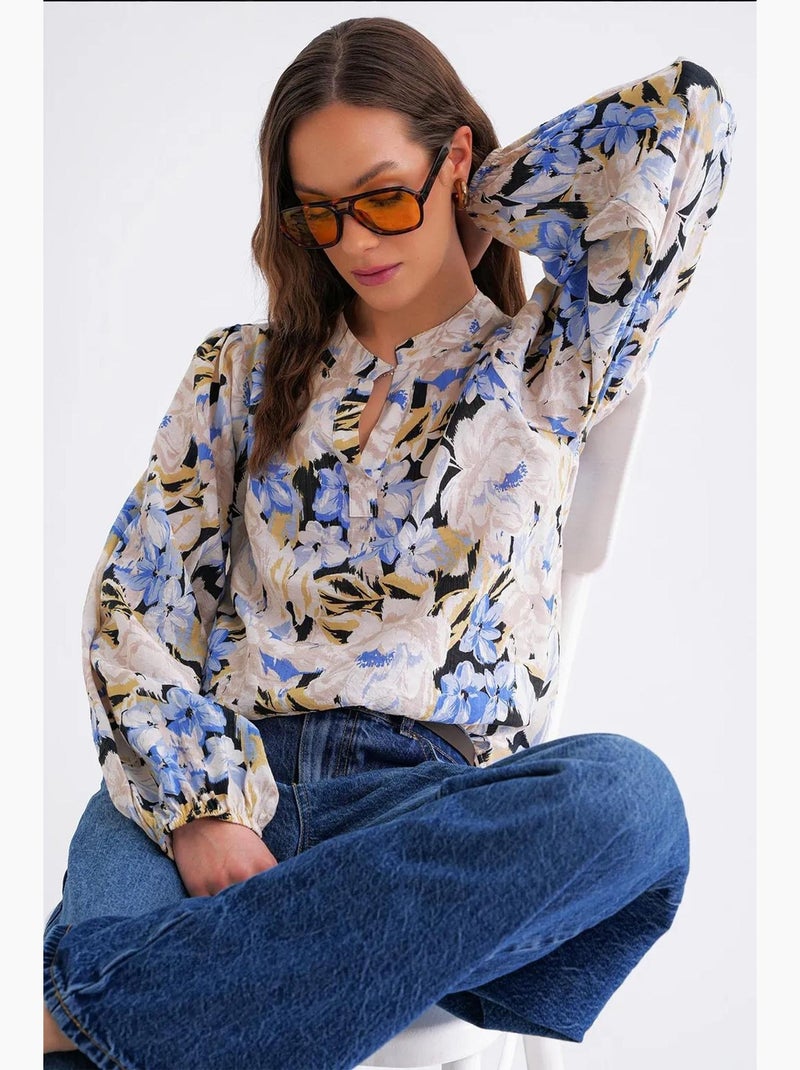 Blouse met lange mouwen en bloemenprint en opstaande kraag mixray Lichtblauw - Kiabi