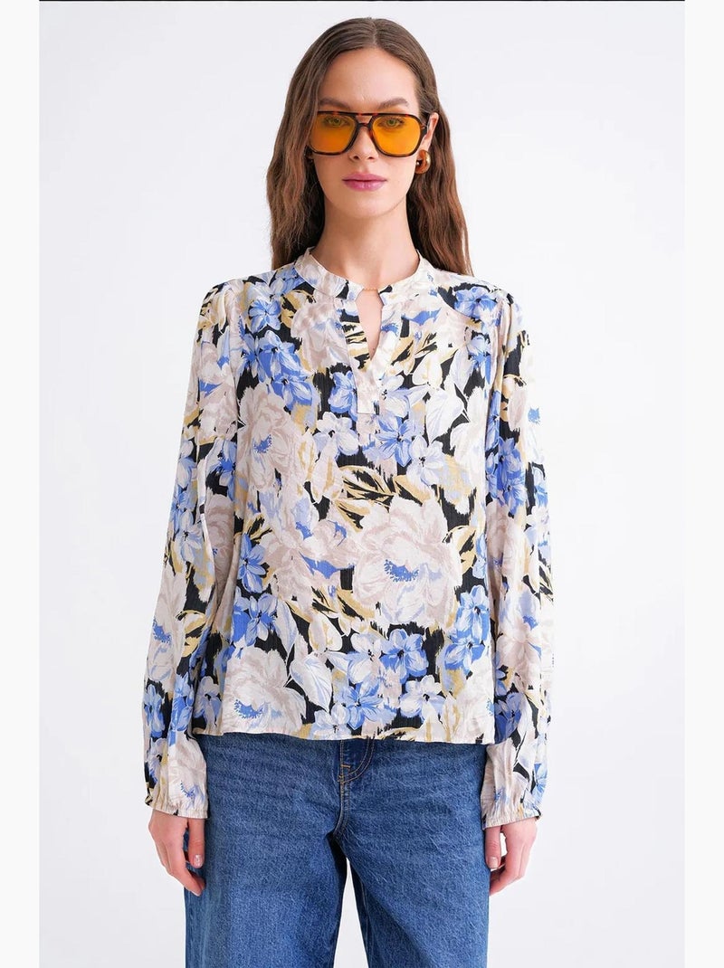 Blouse met lange mouwen en bloemenprint en opstaande kraag mixray Lichtblauw - Kiabi