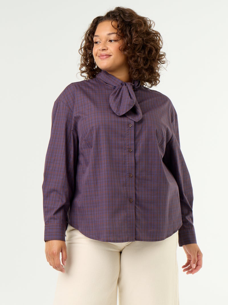 Blouse met lange mouwen en lavallièrekraag Bruin - Kiabi