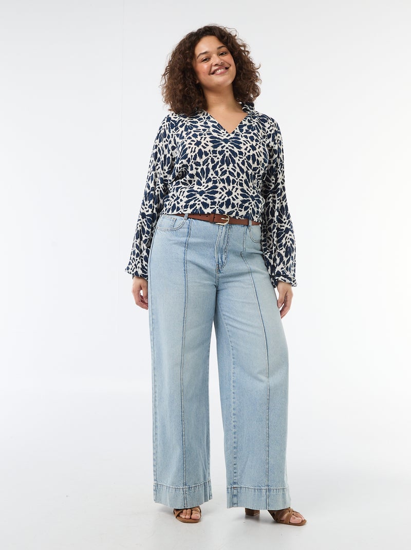 Blouse met lange mouwen en puntkraag Blauw - Kiabi