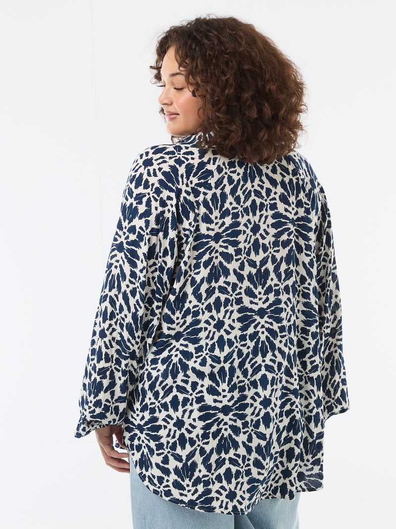 Blouse met lange mouwen en puntkraag Blauw - Kiabi