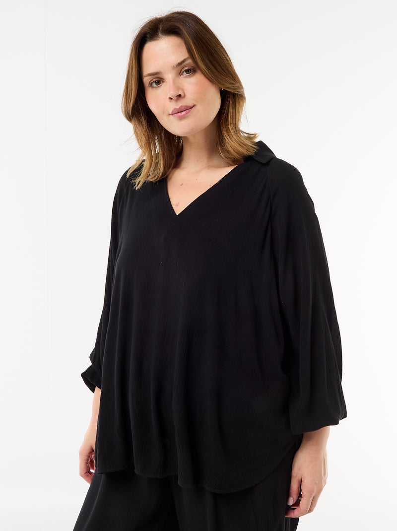 Blouse met lange mouwen en puntkraag Zwart - Kiabi