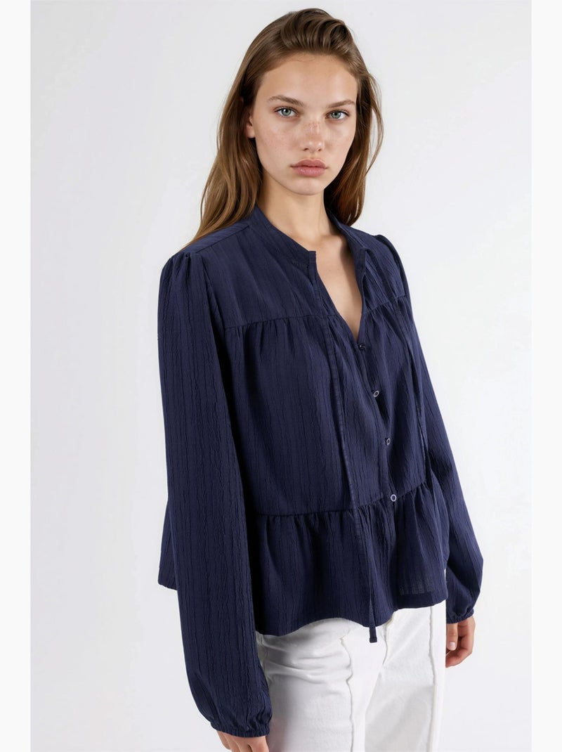 Blouse met lange mouwen en tippetkraag hiccup Marineblauw - Kiabi