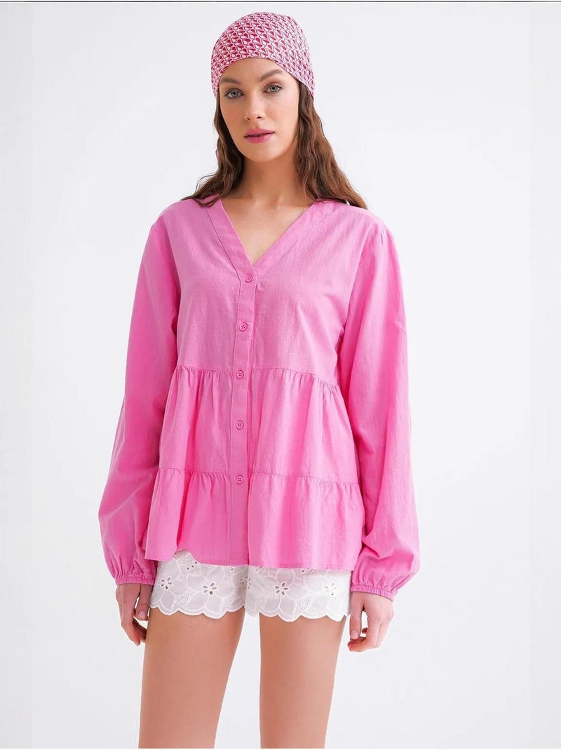 Blouse met lange mouwen, gelaagd en v-hals mixray Bleekroze - Kiabi