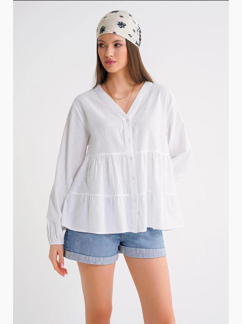 Blouse met lange mouwen, gelaagd en v-hals mixray Wit - Kiabi