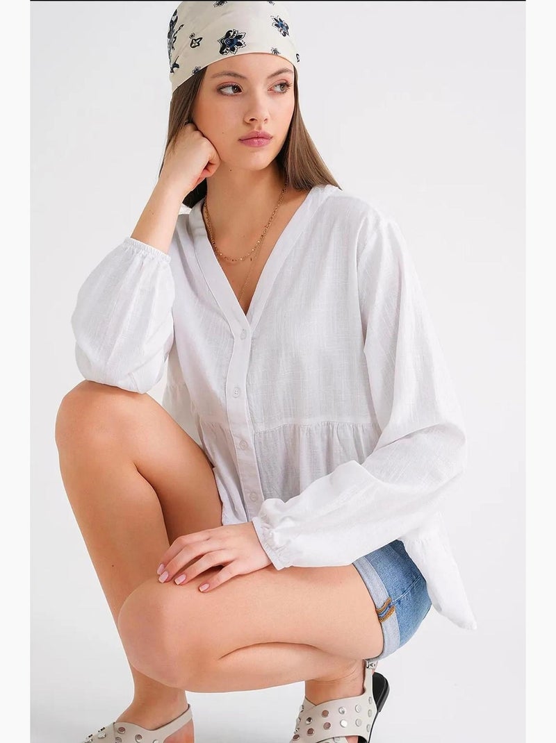 Blouse met lange mouwen, gelaagd en v-hals mixray Wit - Kiabi