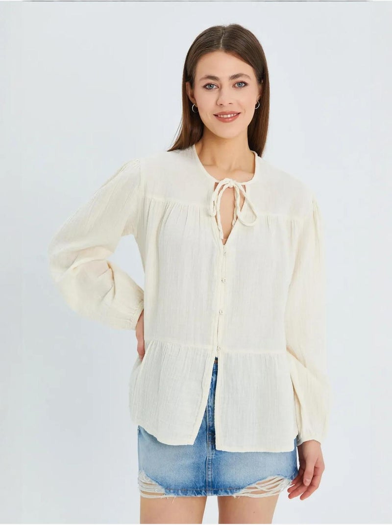 Blouse met lange mouwen in relaxed fit met striksluiting bij de hals mixray Beige - Kiabi