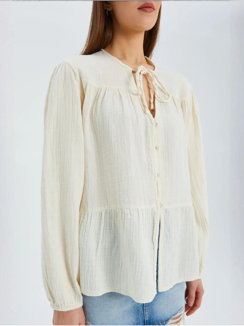 Blouse met lange mouwen in relaxed fit met striksluiting bij de hals mixray Beige - Kiabi