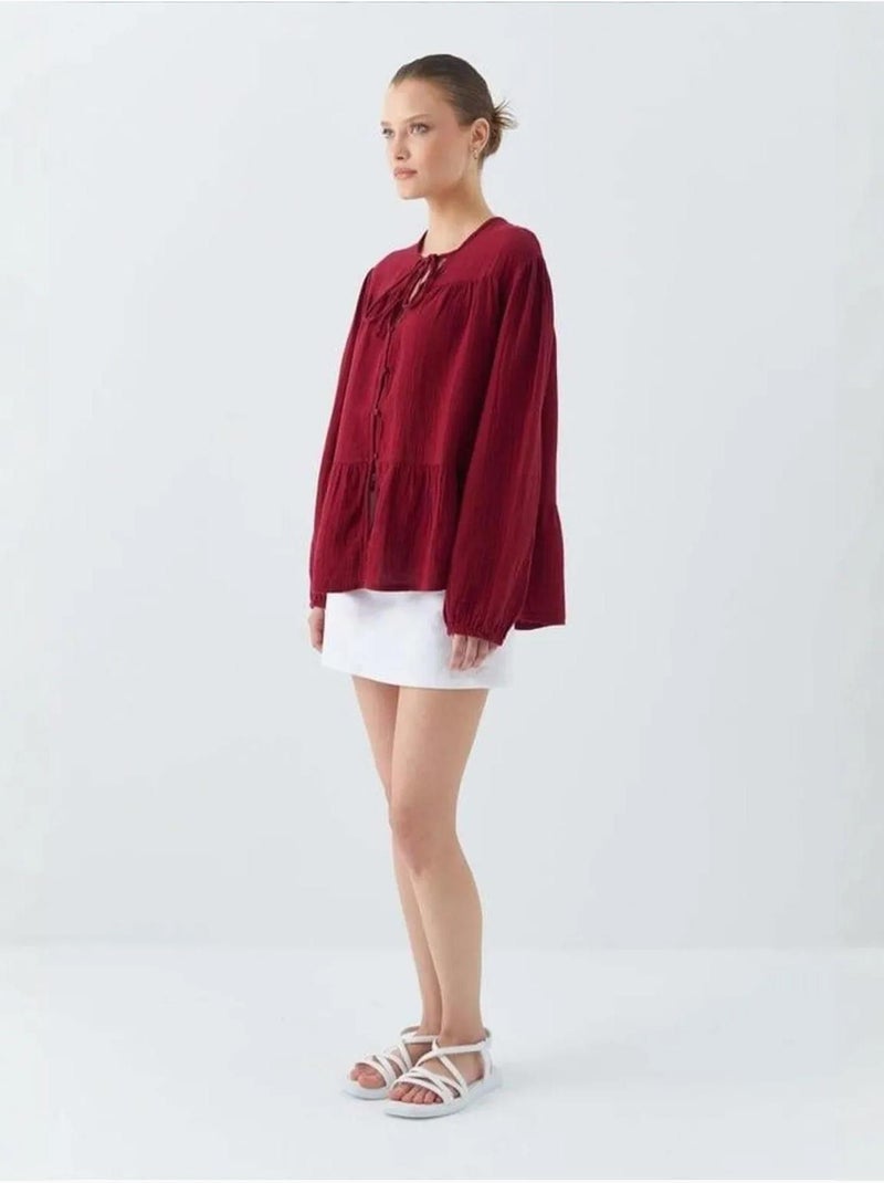 Blouse met lange mouwen in relaxed fit met striksluiting bij de hals mixray Bordeauxrood - Kiabi