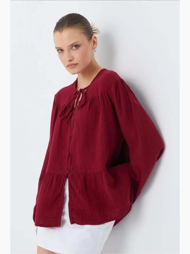 Blouse met lange mouwen in relaxed fit met striksluiting bij de hals mixray Bordeauxrood - Kiabi