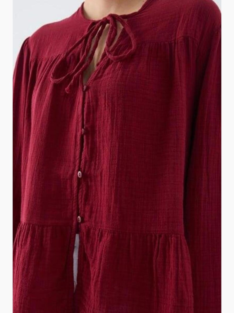 Blouse met lange mouwen in relaxed fit met striksluiting bij de hals mixray Bordeauxrood - Kiabi