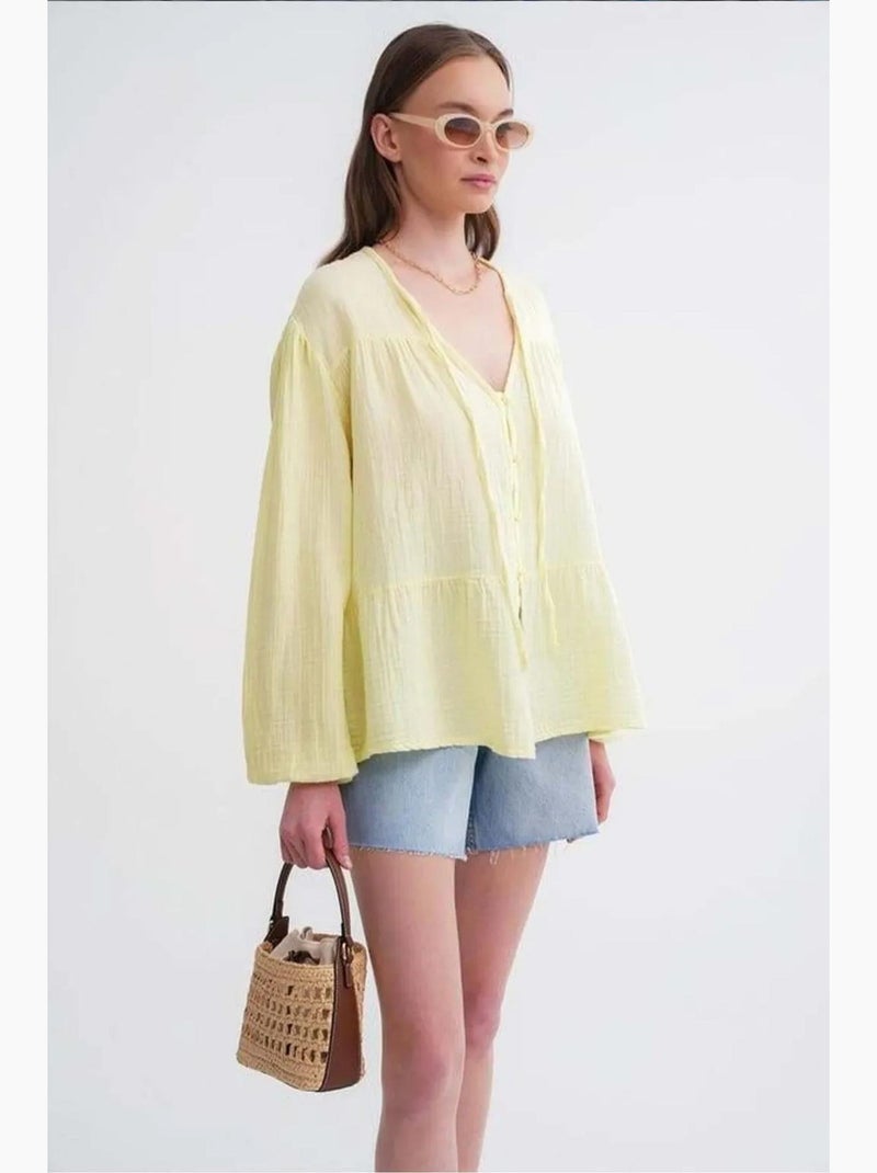 Blouse met lange mouwen in relaxed fit met striksluiting bij de hals mixray Citroengeel - Kiabi