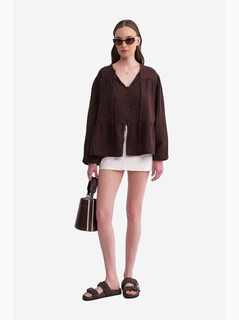 Blouse met lange mouwen in relaxed fit met striksluiting bij de hals mixray Donkerbruin - Kiabi