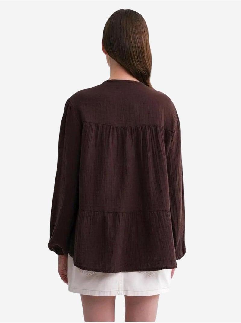 Blouse met lange mouwen in relaxed fit met striksluiting bij de hals mixray Donkerbruin - Kiabi