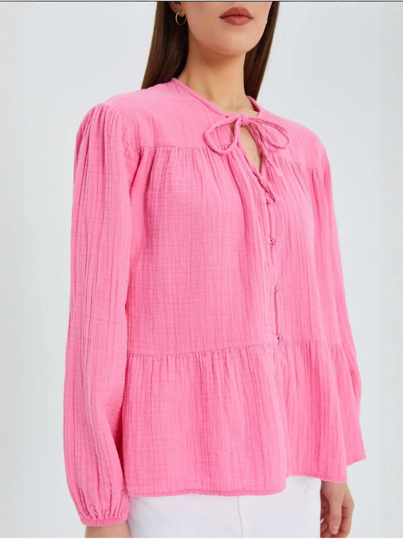 Blouse met lange mouwen in relaxed fit met striksluiting bij de hals mixray Fluorroze/Solinotes - Kiabi