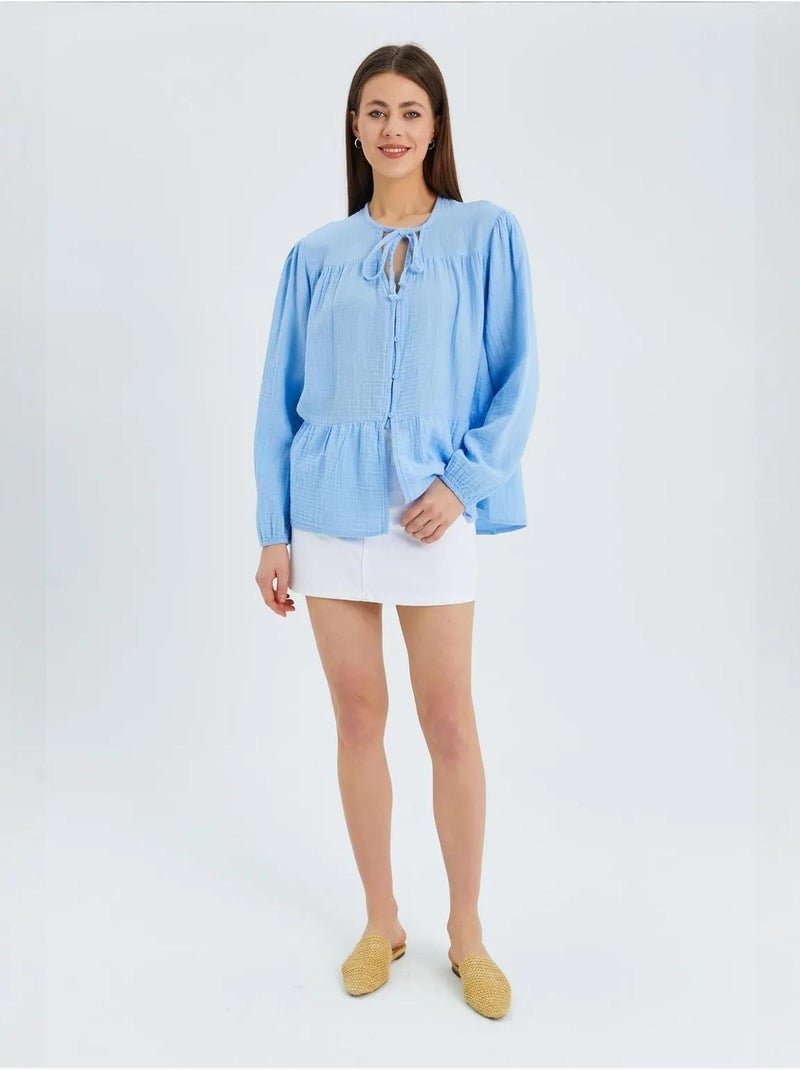 Blouse met lange mouwen in relaxed fit met striksluiting bij de hals mixray Hemelsblauw - Kiabi