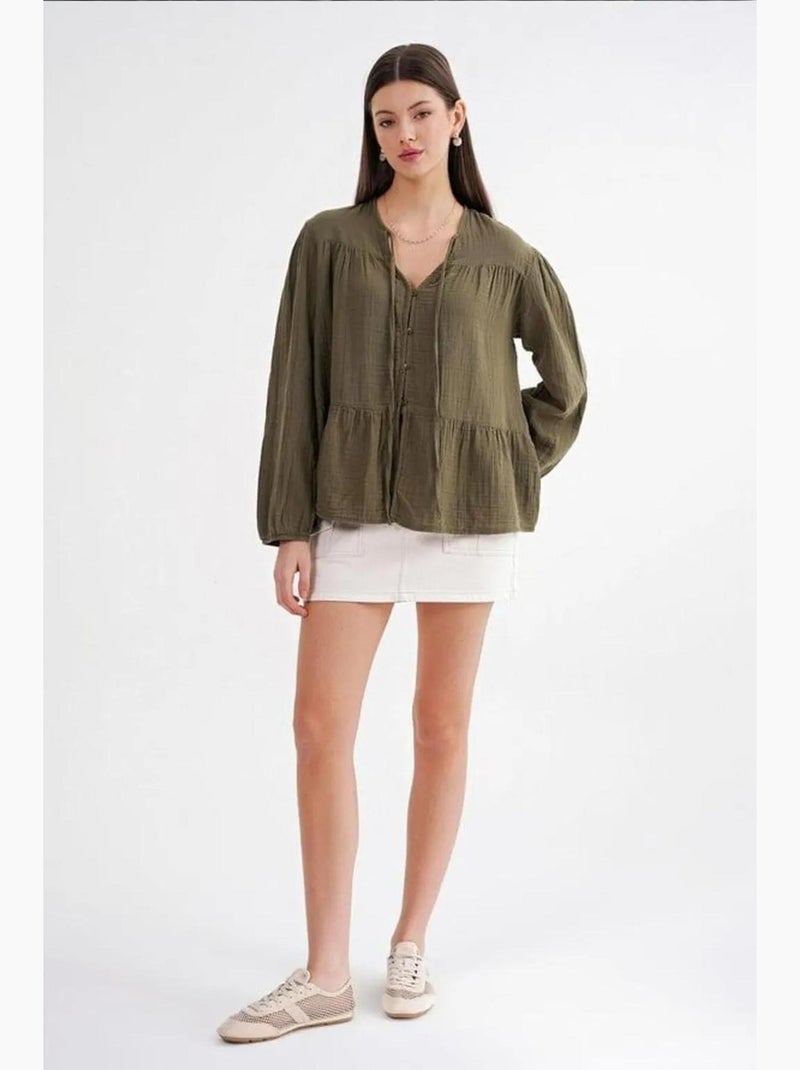 Blouse met lange mouwen in relaxed fit met striksluiting bij de hals mixray Kaki - Kiabi