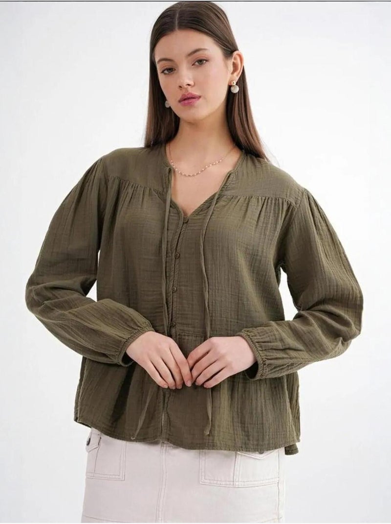 Blouse met lange mouwen in relaxed fit met striksluiting bij de hals mixray Kaki - Kiabi