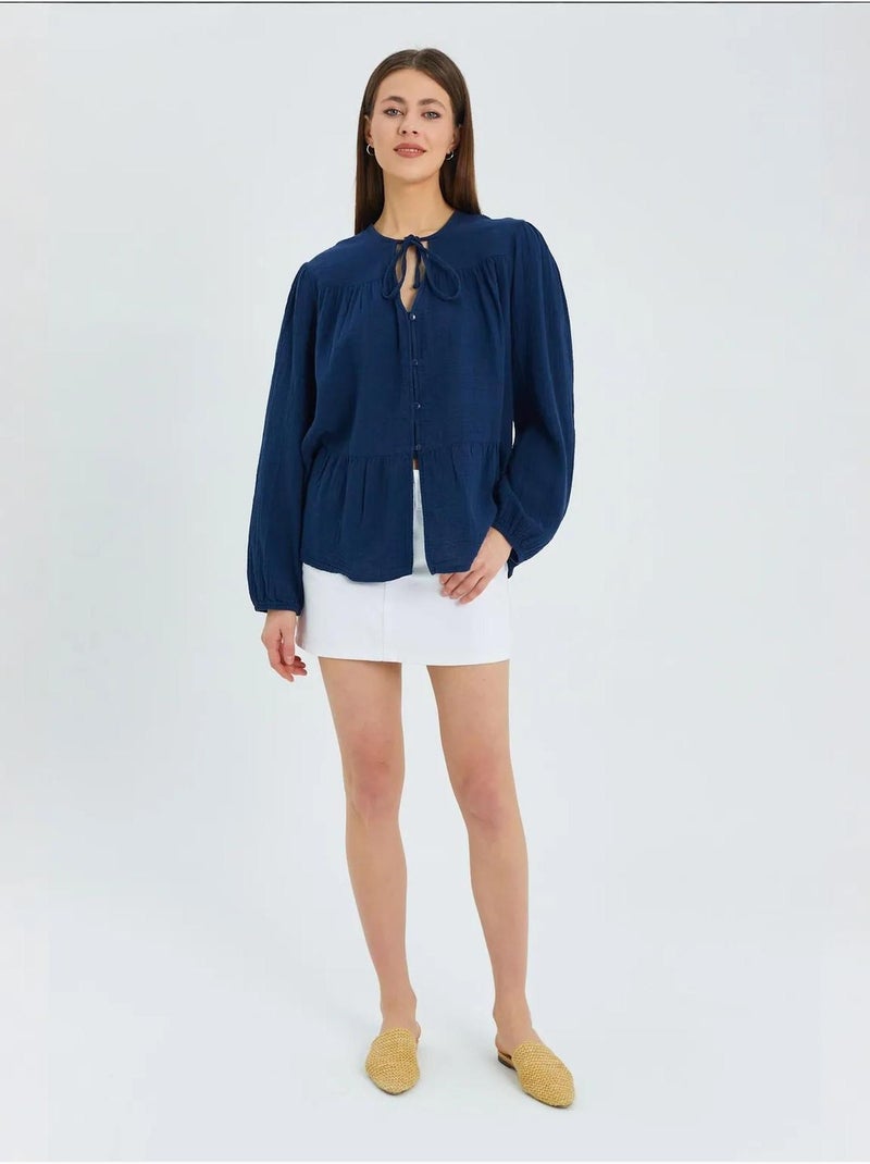 Blouse met lange mouwen in relaxed fit met striksluiting bij de hals mixray Marineblauw - Kiabi