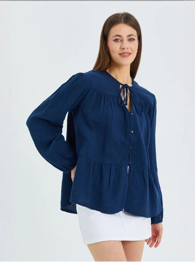 Blouse met lange mouwen in relaxed fit met striksluiting bij de hals mixray Marineblauw - Kiabi