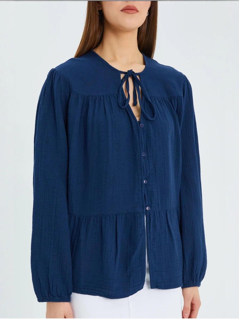 Blouse met lange mouwen in relaxed fit met striksluiting bij de hals mixray Marineblauw - Kiabi