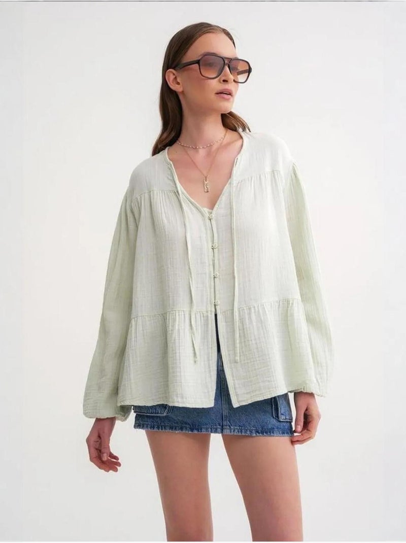 Blouse met lange mouwen in relaxed fit met striksluiting bij de hals mixray Muntgroen - Kiabi