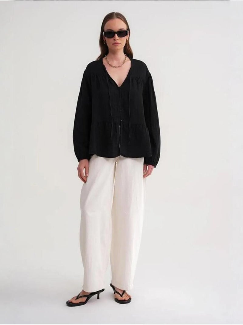 Blouse met lange mouwen in relaxed fit met striksluiting bij de hals mixray Zwart - Kiabi