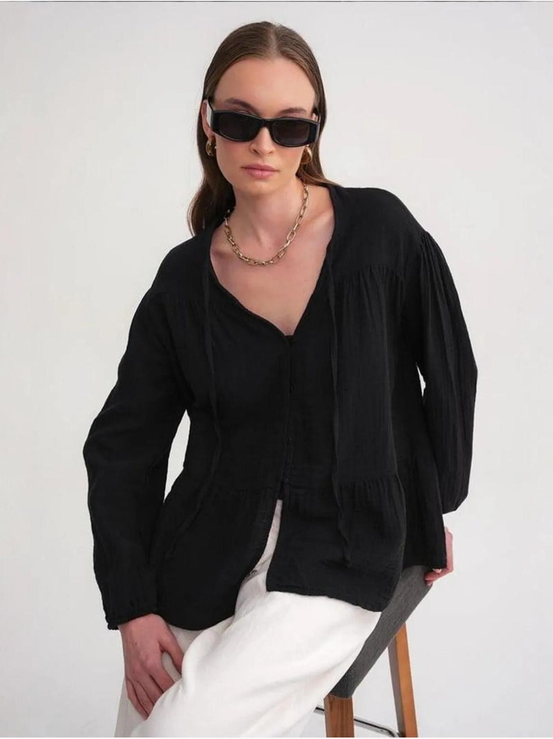 Blouse met lange mouwen in relaxed fit met striksluiting bij de hals mixray Zwart - Kiabi