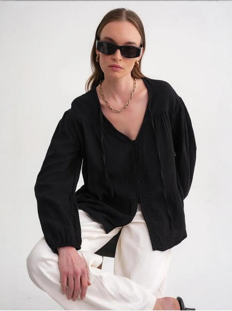 Blouse met lange mouwen in relaxed fit met striksluiting bij de hals mixray Zwart - Kiabi