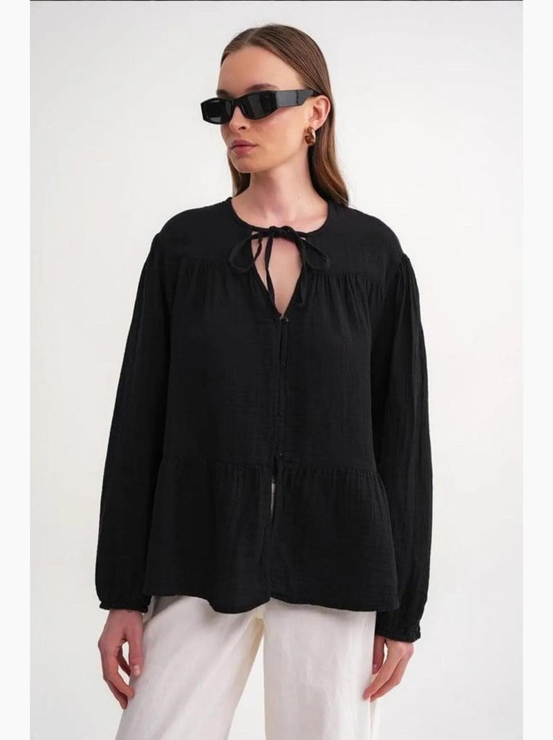 Blouse met lange mouwen in relaxed fit met striksluiting bij de hals mixray Zwart - Kiabi