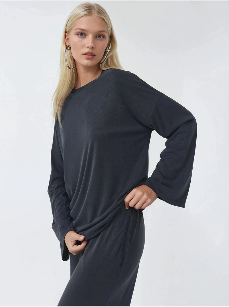 Blouse met lange mouwen, ronde hals en ontspannen pasvorm busem Grijs Zwart - Kiabi