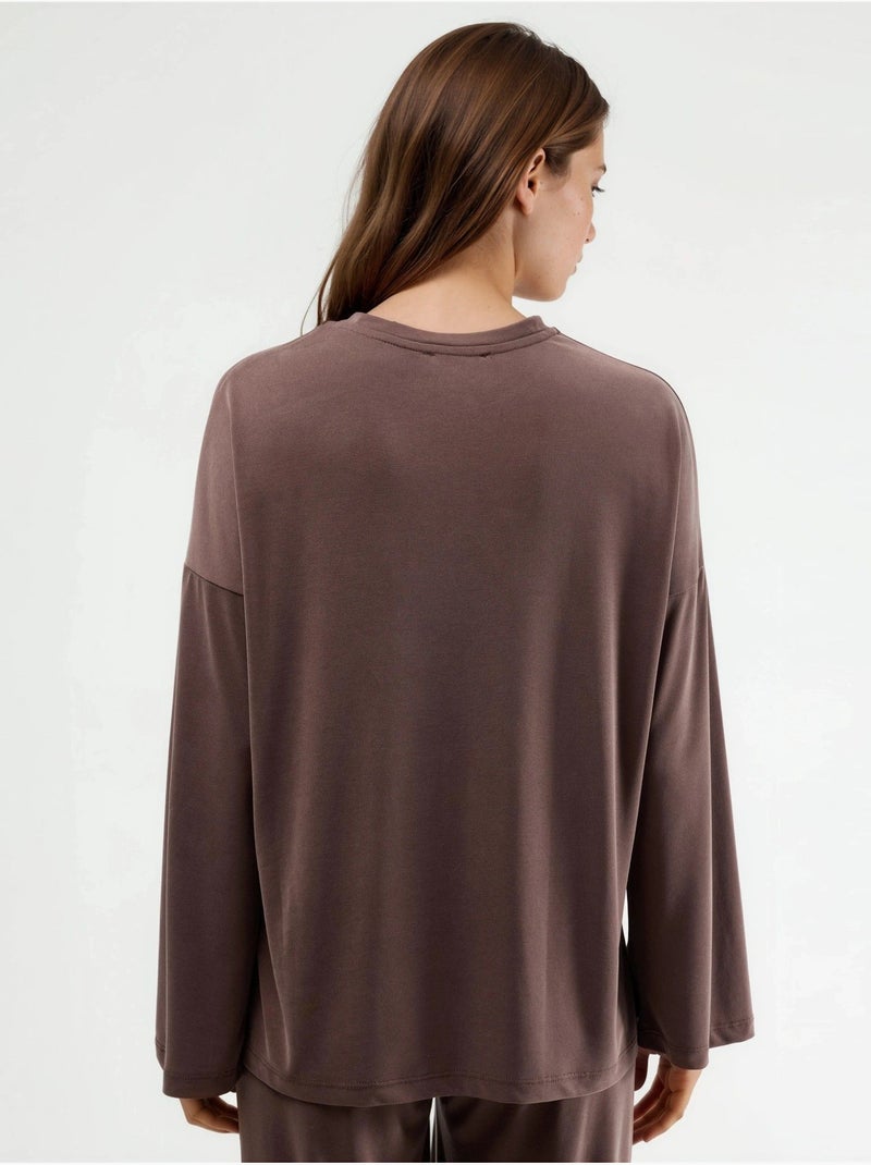 Blouse met lange mouwen, ronde hals en ontspannen pasvorm busem Lichtbruin - Kiabi